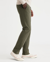 Side view of model wearing Army Green Alpha Chino Pants, Slim Fit.