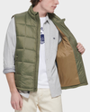 View of model wearing Army Green Men's Nylon Lightweight Quilted Vest.