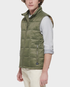 Side view of model wearing Army Green Men's Nylon Lightweight Quilted Vest.