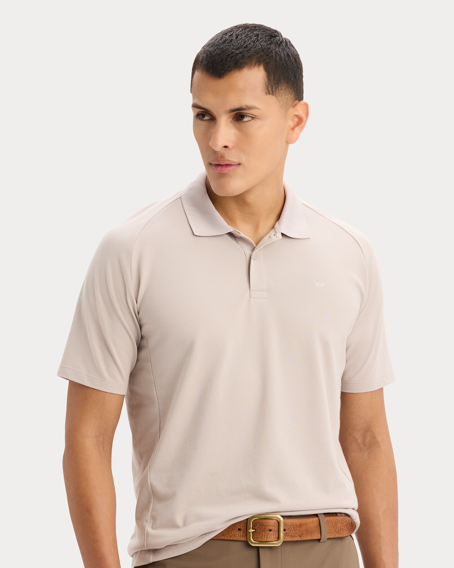 View of model wearing Ashes Of Roses Go Polo, Regular Fit.