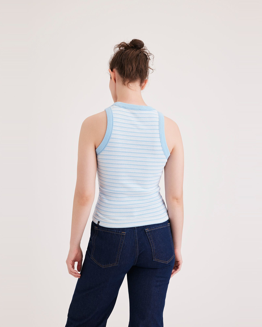 Back view of model wearing Azure Placid Blue Women's Slim Fit Knit Tank.