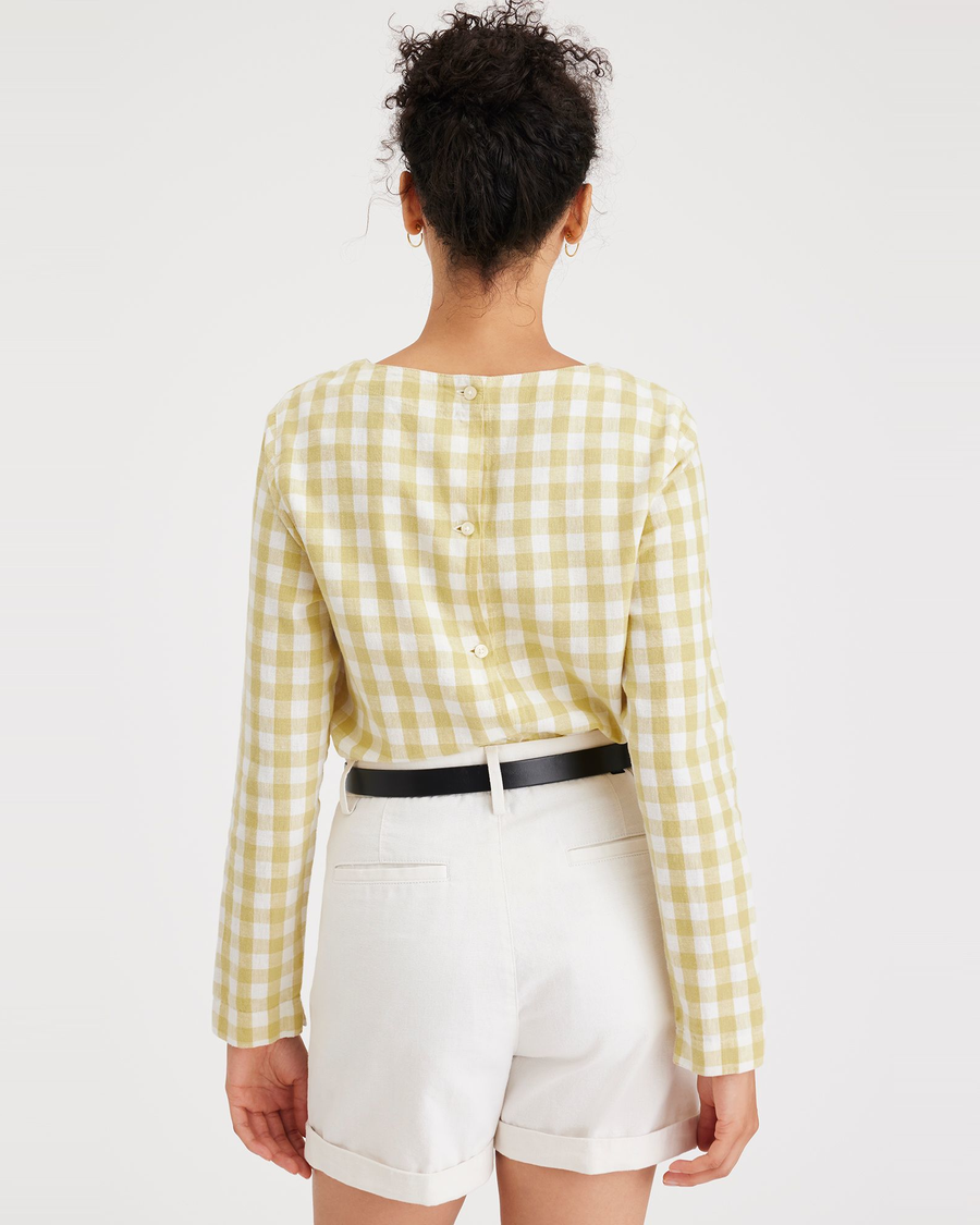 Back view of model wearing Basin Pineapple Slice Plaid Women's Button Back Blouse.