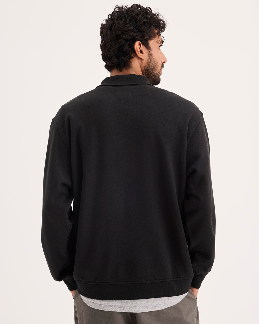 Back view of model wearing Beautiful Black Eighty-Six Collared Sweatshirt, Relaxed Fit.