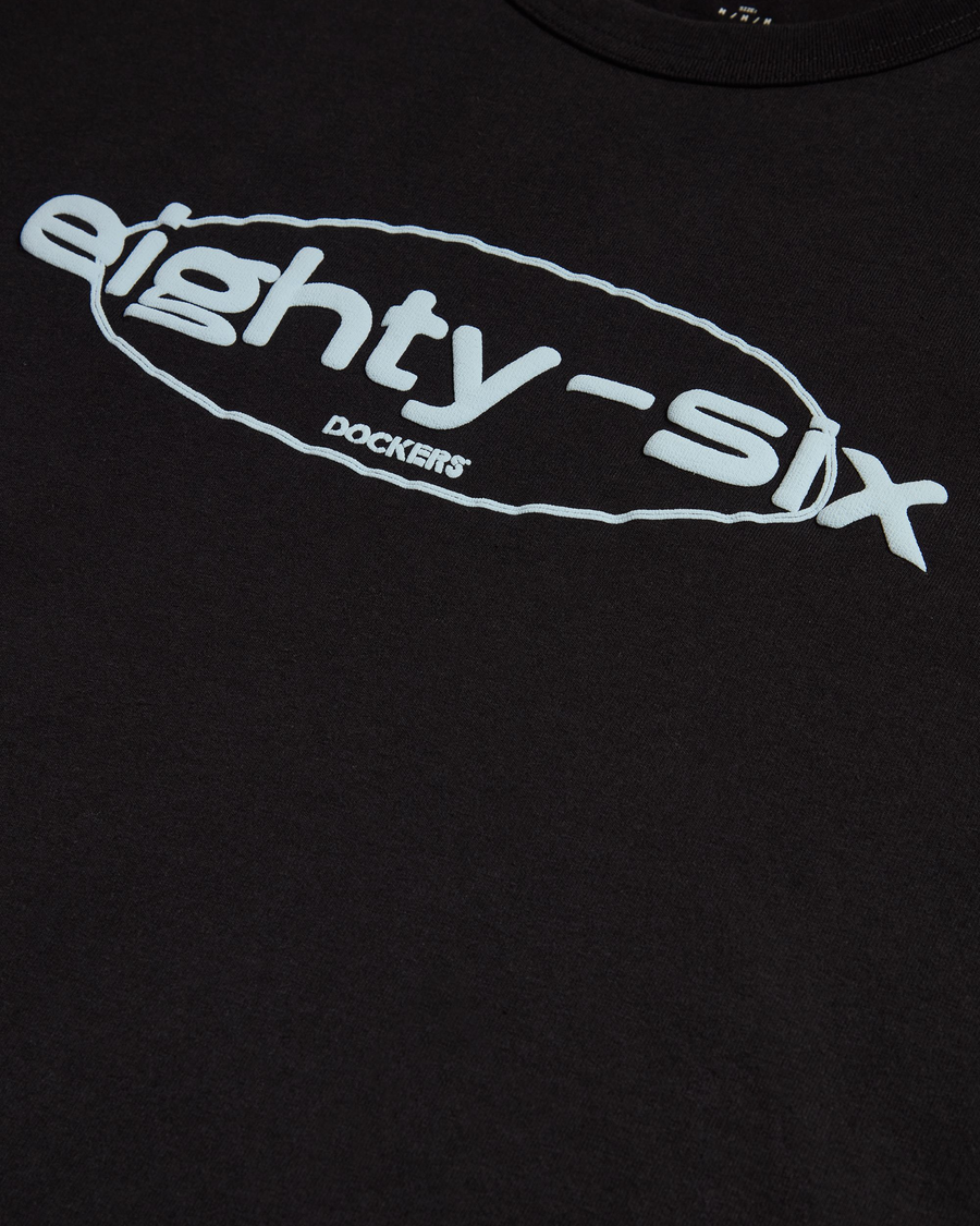 View of model wearing Beautiful Black Eighty-Six Crewneck Tee, Relaxed Fit.