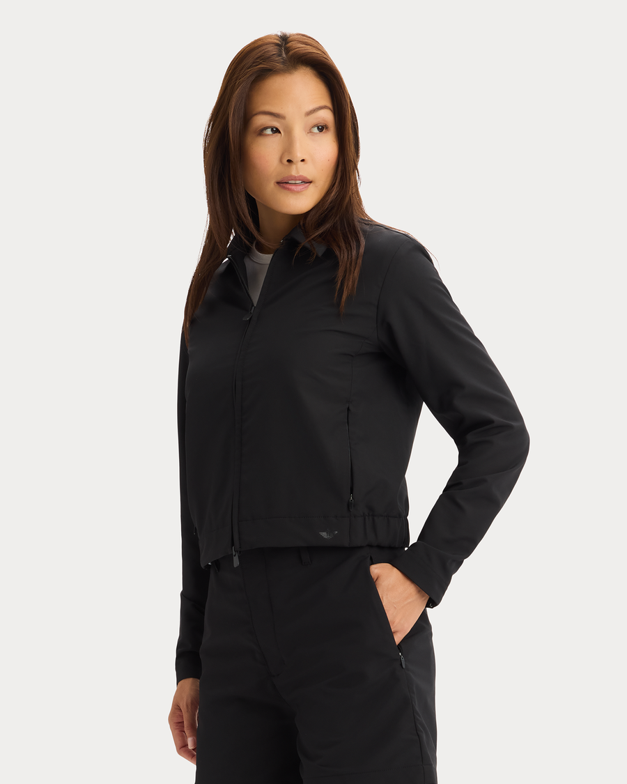 View of model wearing Beautiful Black Go Jacket with AceFlex, Regular Fit.