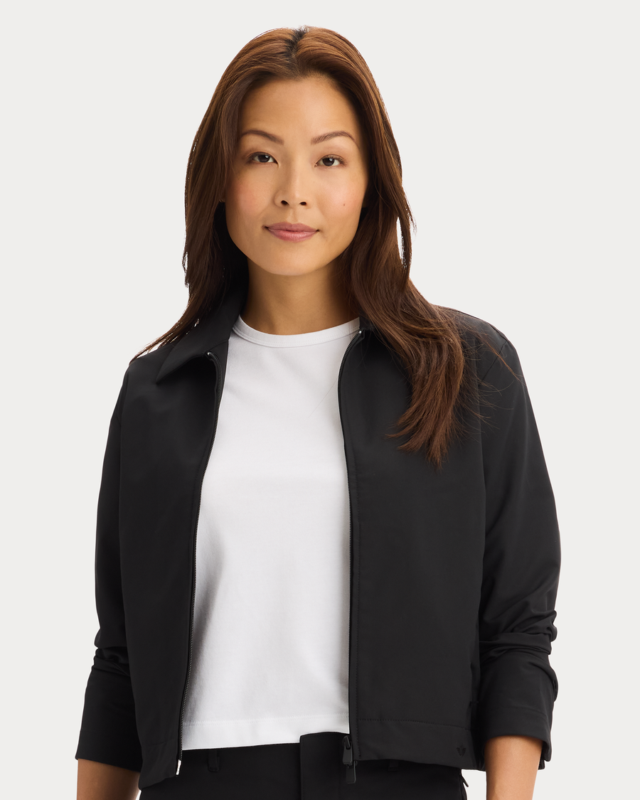 View of model wearing Beautiful Black Go Jacket with AceFlex, Regular Fit.