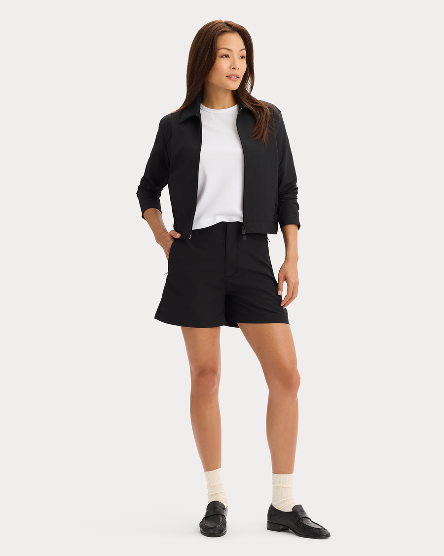 View of model wearing Beautiful Black Go Jacket with AceFlex, Regular Fit.