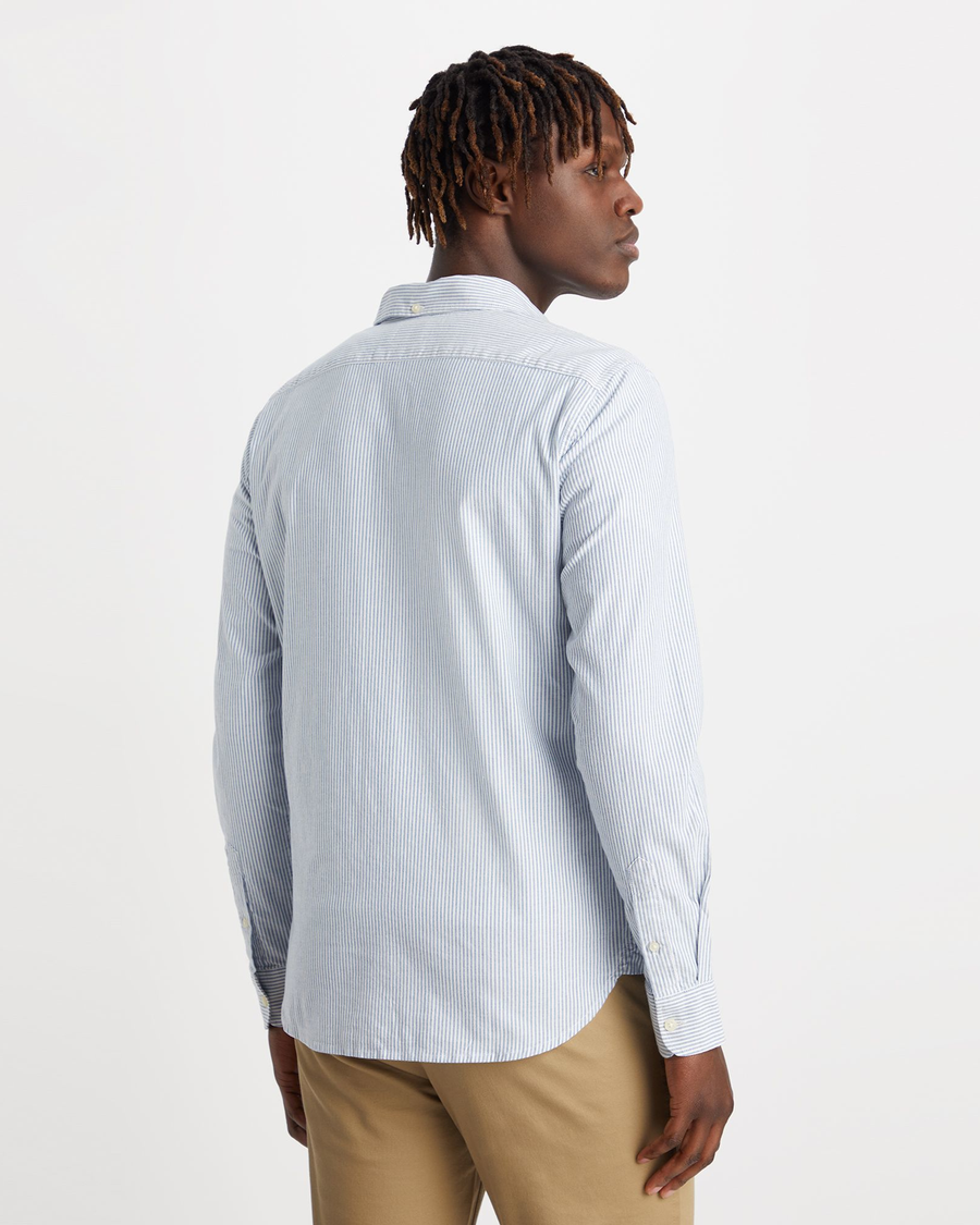 Back view of model wearing Bengal Stripe Delft Men's Slim Fit 2 Button Collar Shirt.