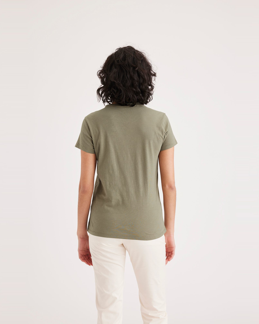 Back view of model wearing Bronze Brown Women's Slim Fit Graphic Tee Shirt.