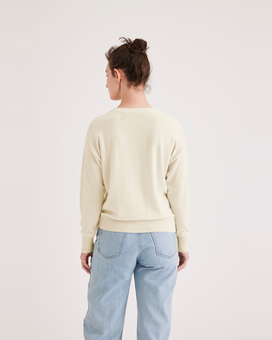 Back view of model wearing Buttercream Women's Regular Fit V-Neck Sweater.