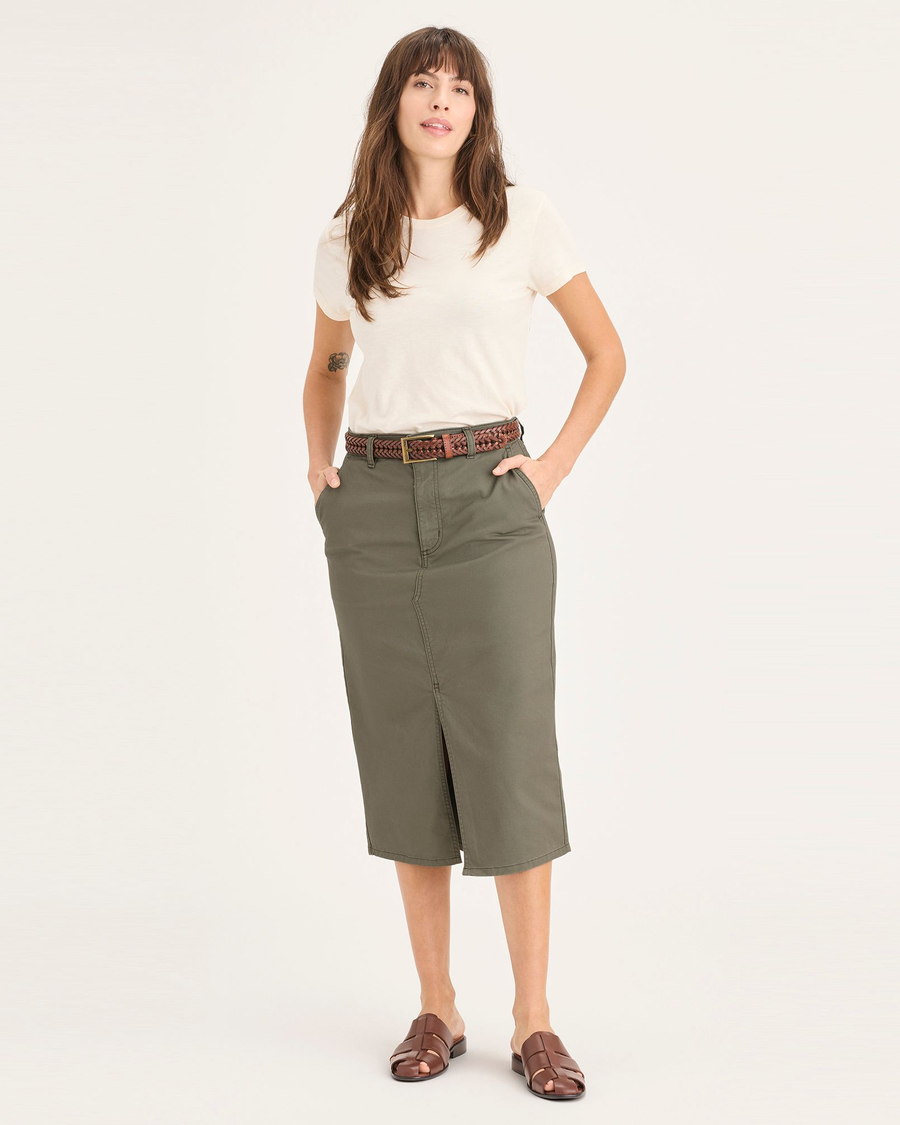 Front view of model wearing Camo Chino Skirt.