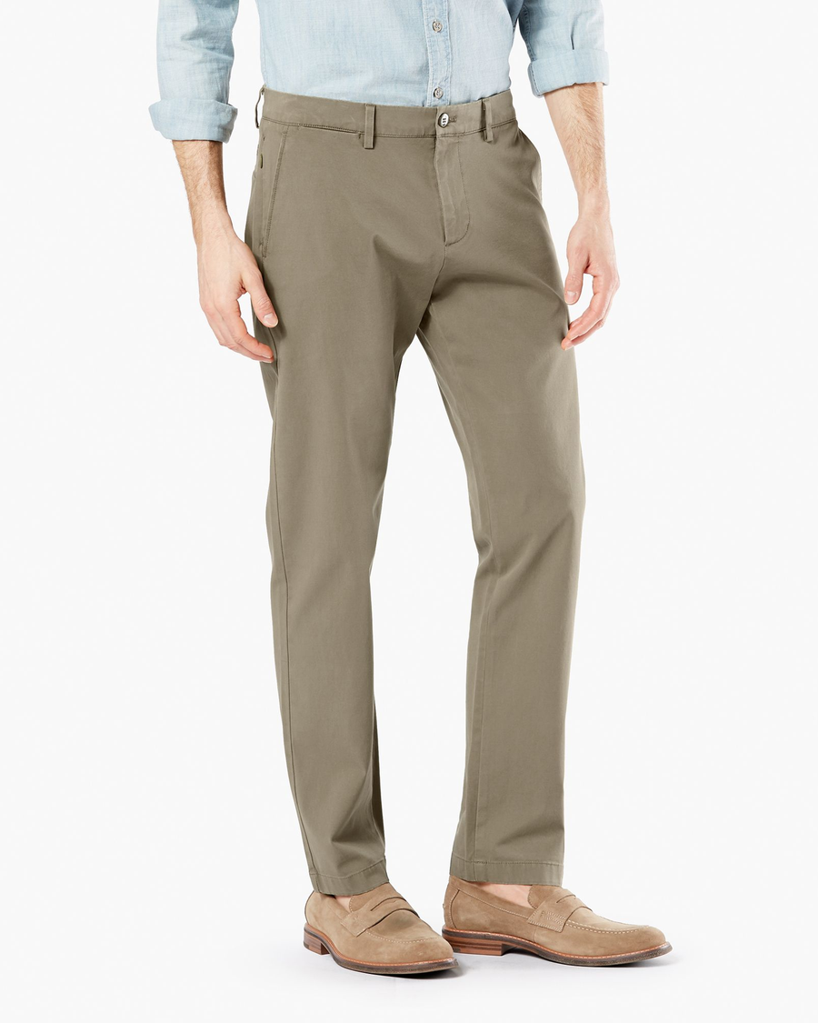 Side view of model wearing Camo Crafted Khaki Pants, Slim Tapered Fit.