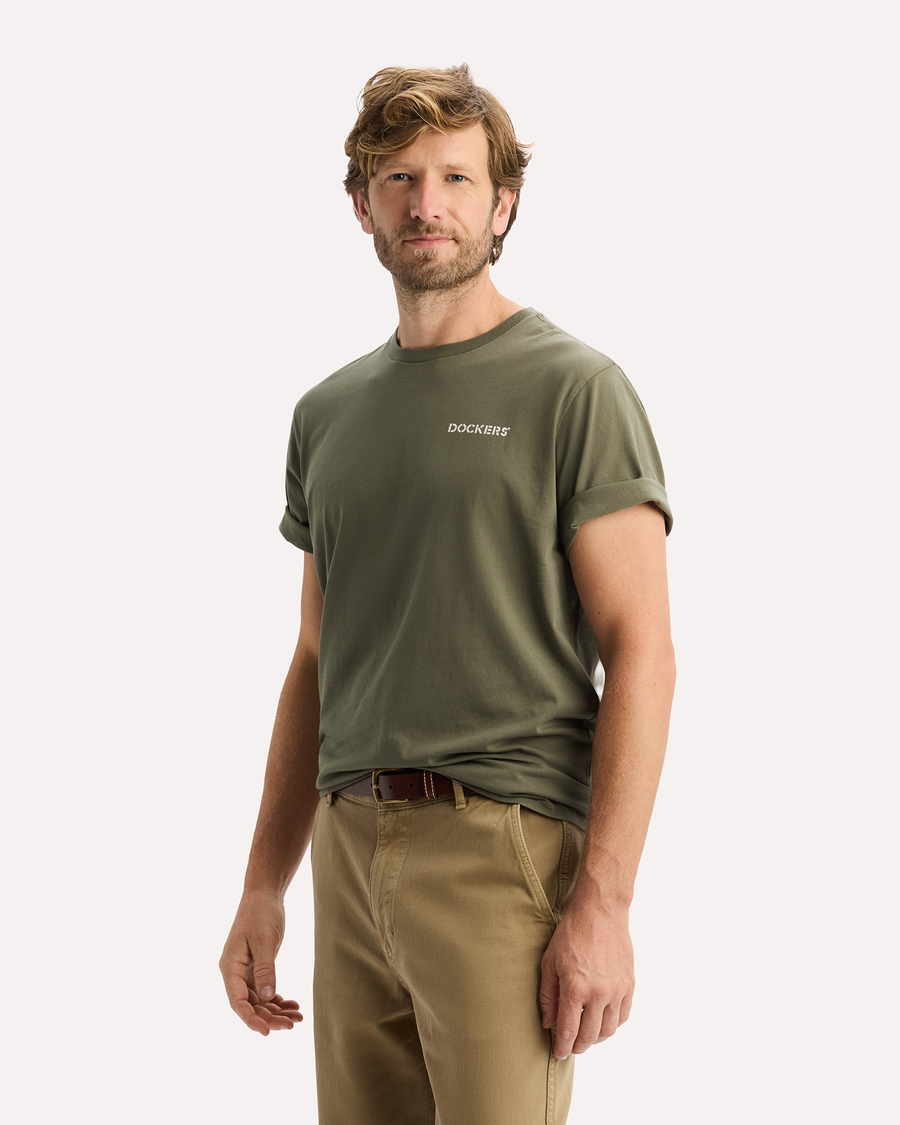 View of model wearing Camo Graphic Tee, Regular Fit.