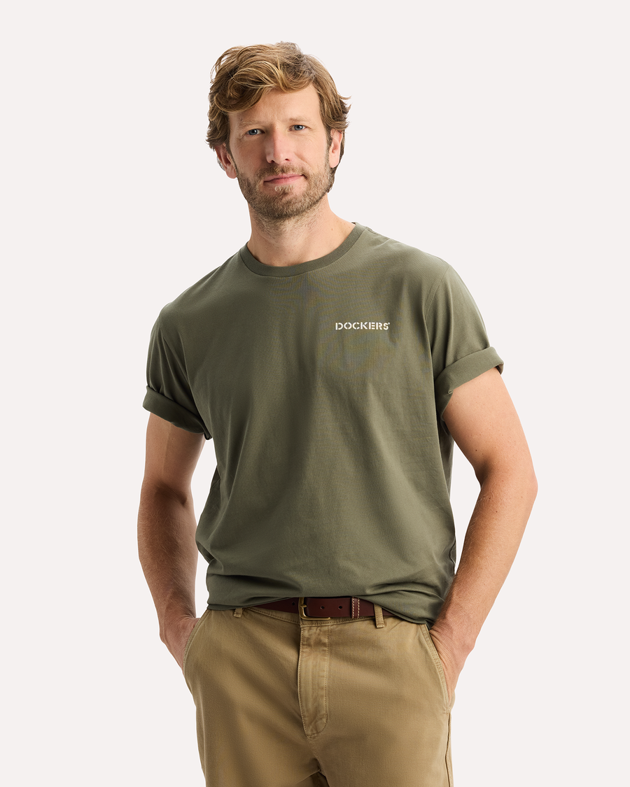 View of model wearing Camo Graphic Tee, Regular Fit.