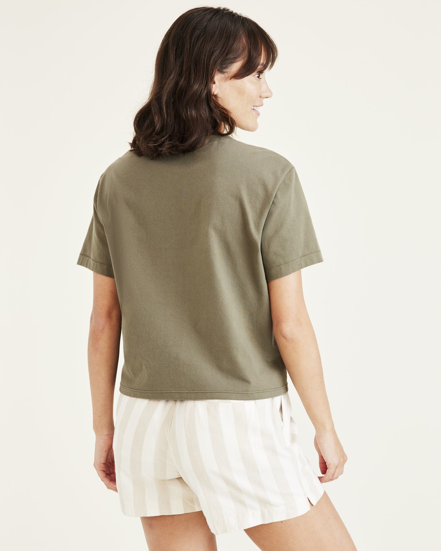 Back view of model wearing Camo Women's Regular Fit Crew Tee.