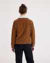 Back view of model wearing Caramel Cafe Women's Regular Fit Original Sherpa Trucker Jacket.