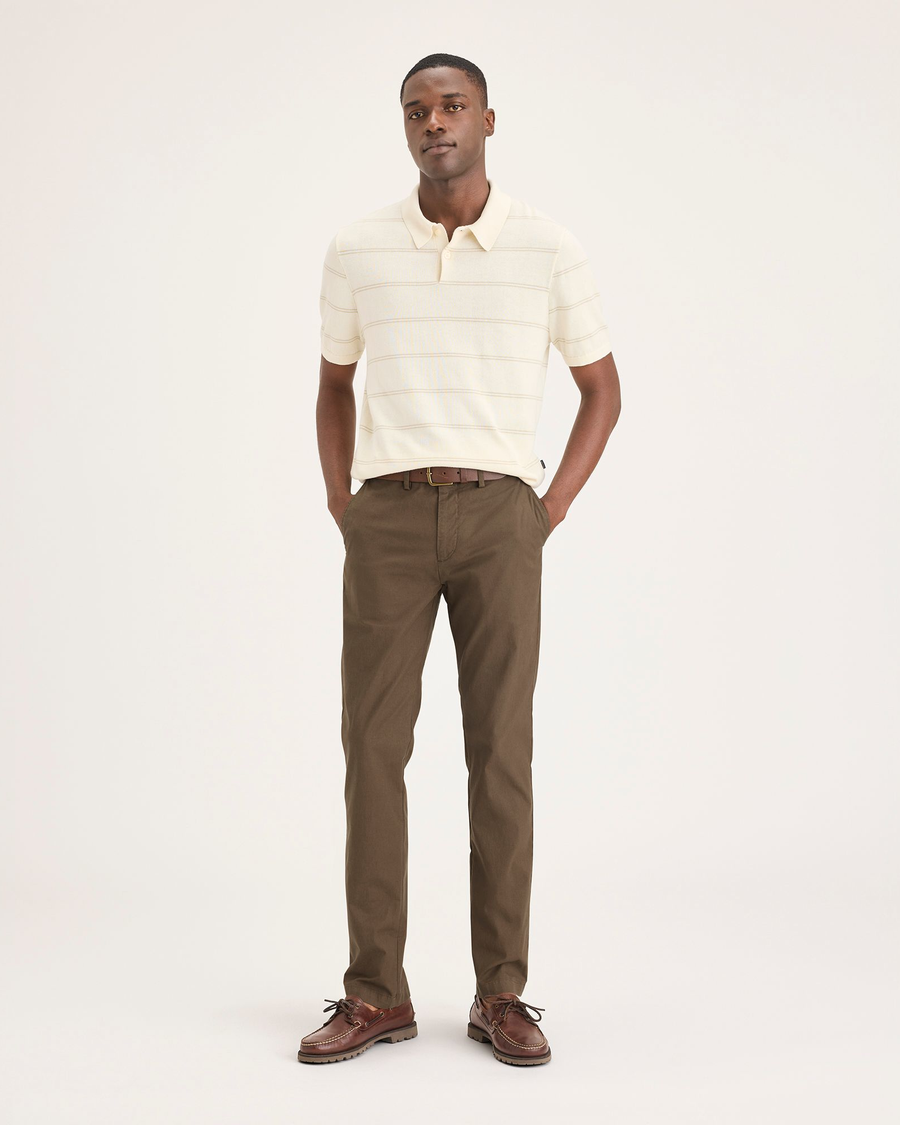 Front view of model wearing Coffee Liquer Crafted Khaki Pants, Slim Fit.