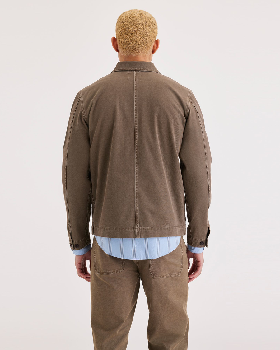 Back view of model wearing Crocodile Stonewash Men's Chore Coat Jacket.