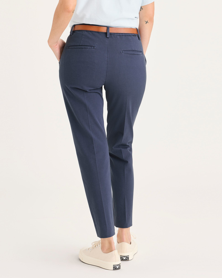 Back view of model wearing Crown Blue Women's Mid-Rise Slim Collins Trouser with Sculpt.