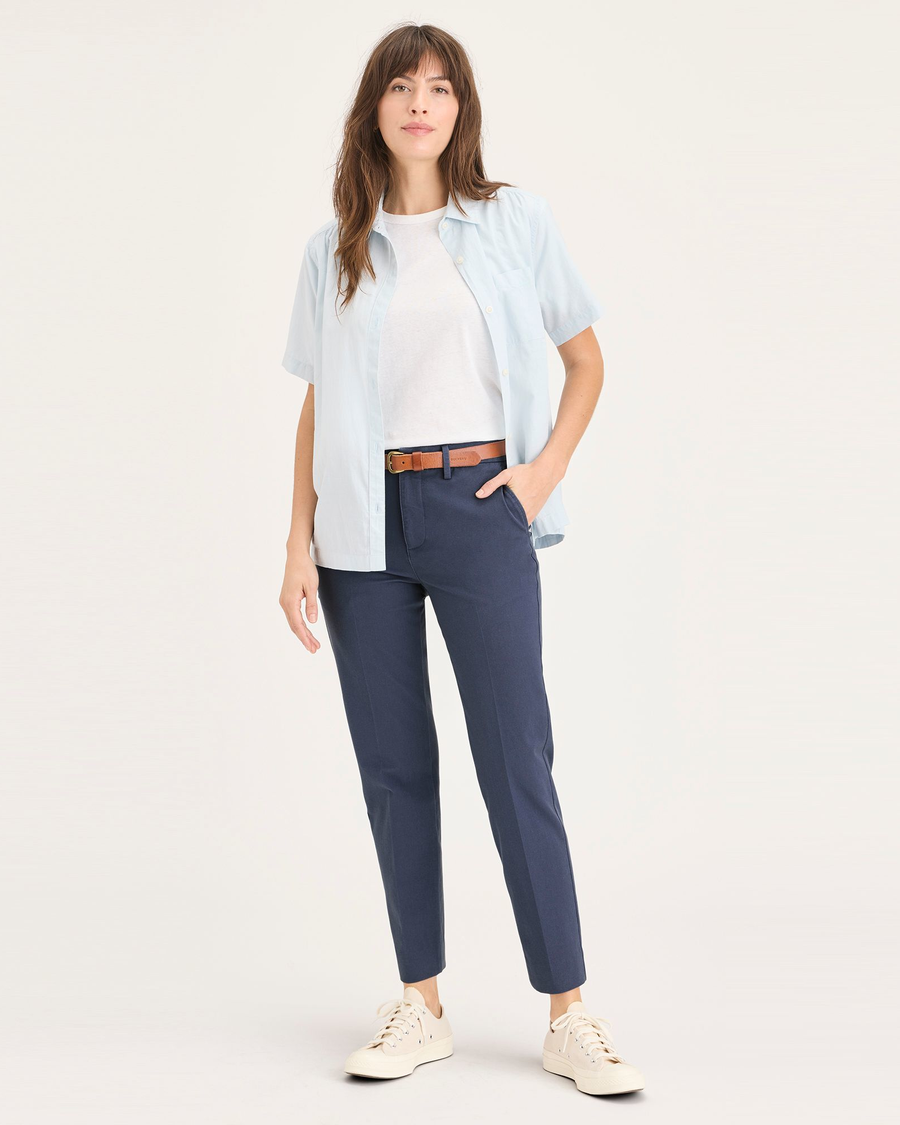 Front view of model wearing Crown Blue Women's Mid-Rise Slim Collins Trouser with Sculpt.