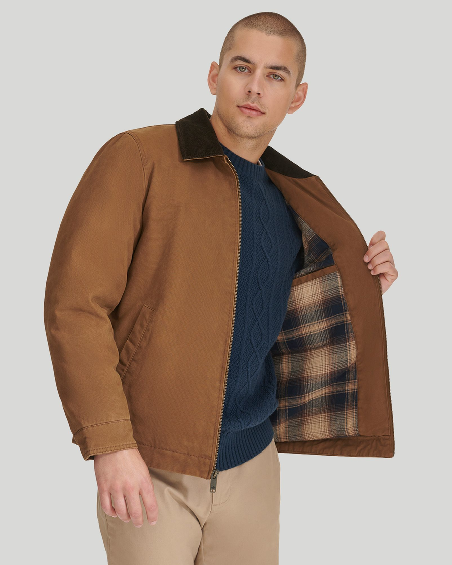 View of model wearing Cub Men's Work Jacket.