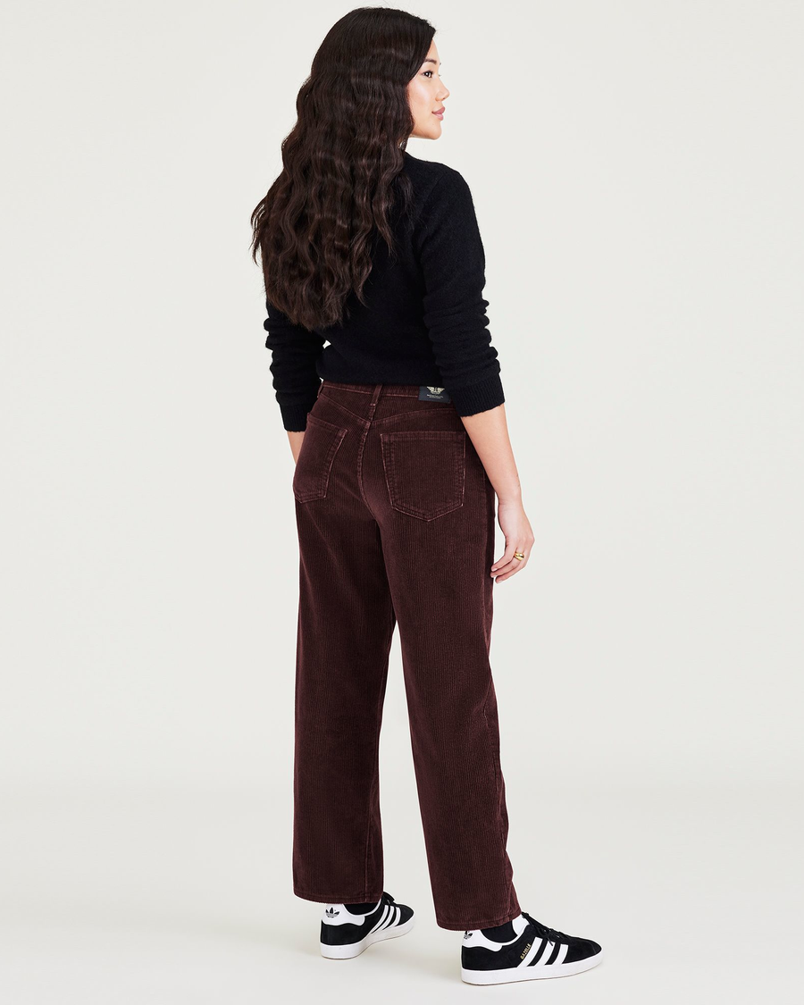 Back view of model wearing Decadent Chocolate Women's Straight Fit High Jean Cut Pants.
