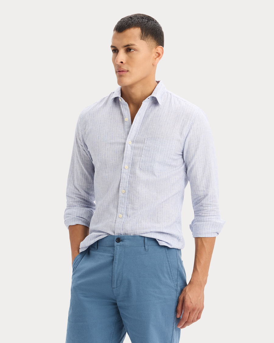 View of model wearing Deep Ultramarine Icon Button Up Shirt, Slim Fit.