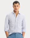 View of model wearing Deep Ultramarine Icon Button Up Shirt, Slim Fit.
