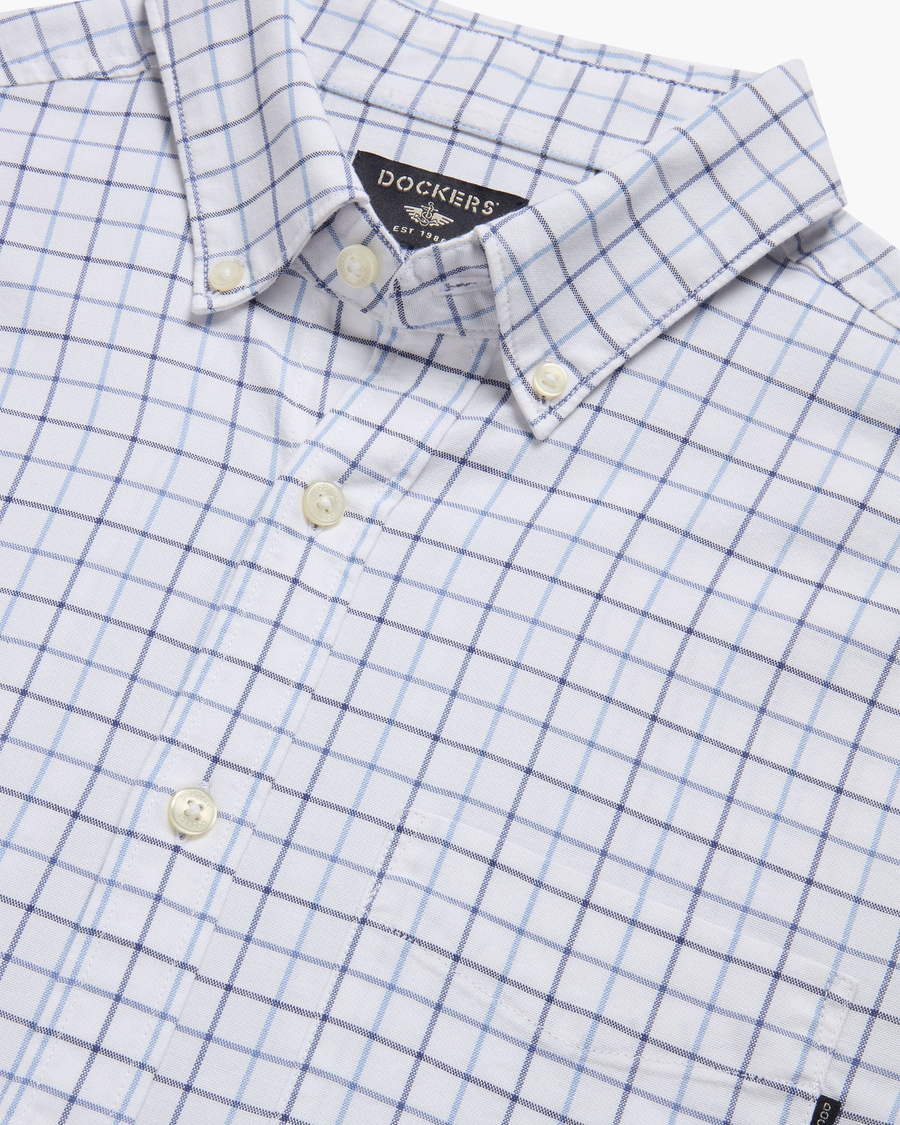 View of model wearing Delano Lucent White Bel Air Blue Oxford Shirt, Slim Fit.