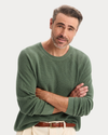 View of model wearing Duck Green Crewneck Sweater, Regular Fit.
