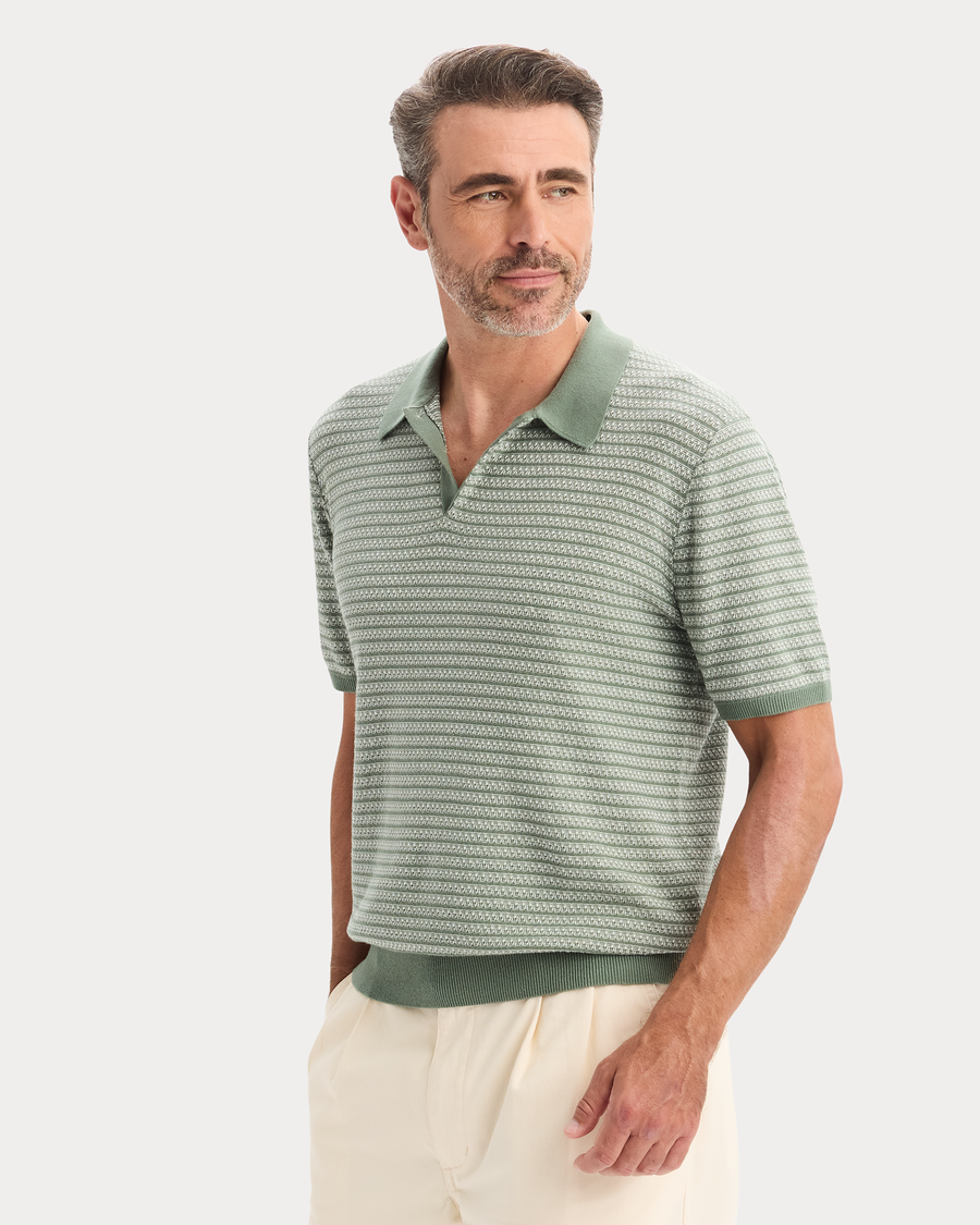 View of model wearing Duck Green Sweater Polo, Regular Fit.
