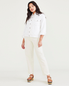 View of model wearing Egret Women's High Waisted Straight Fit Original Khaki Pants.