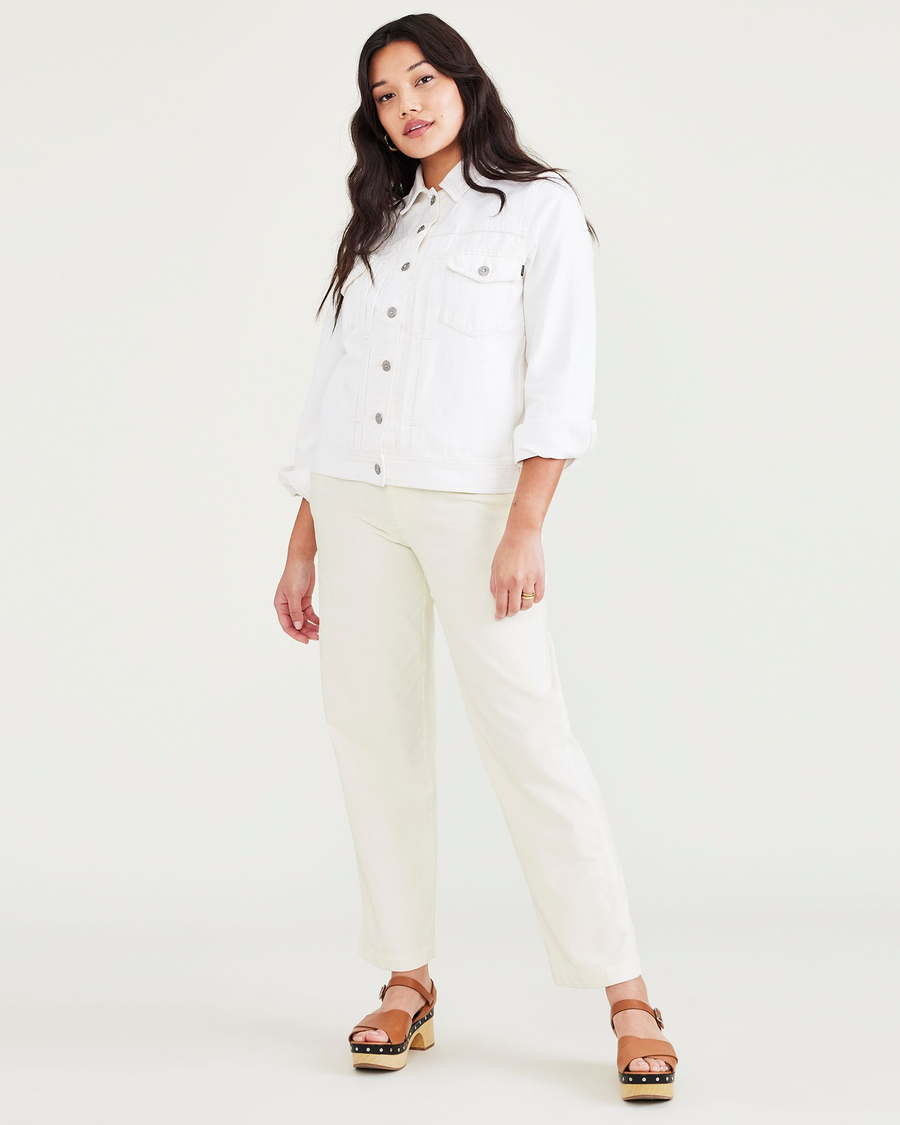 View of model wearing Egret Women's High Waisted Straight Fit Original Khaki Pants.