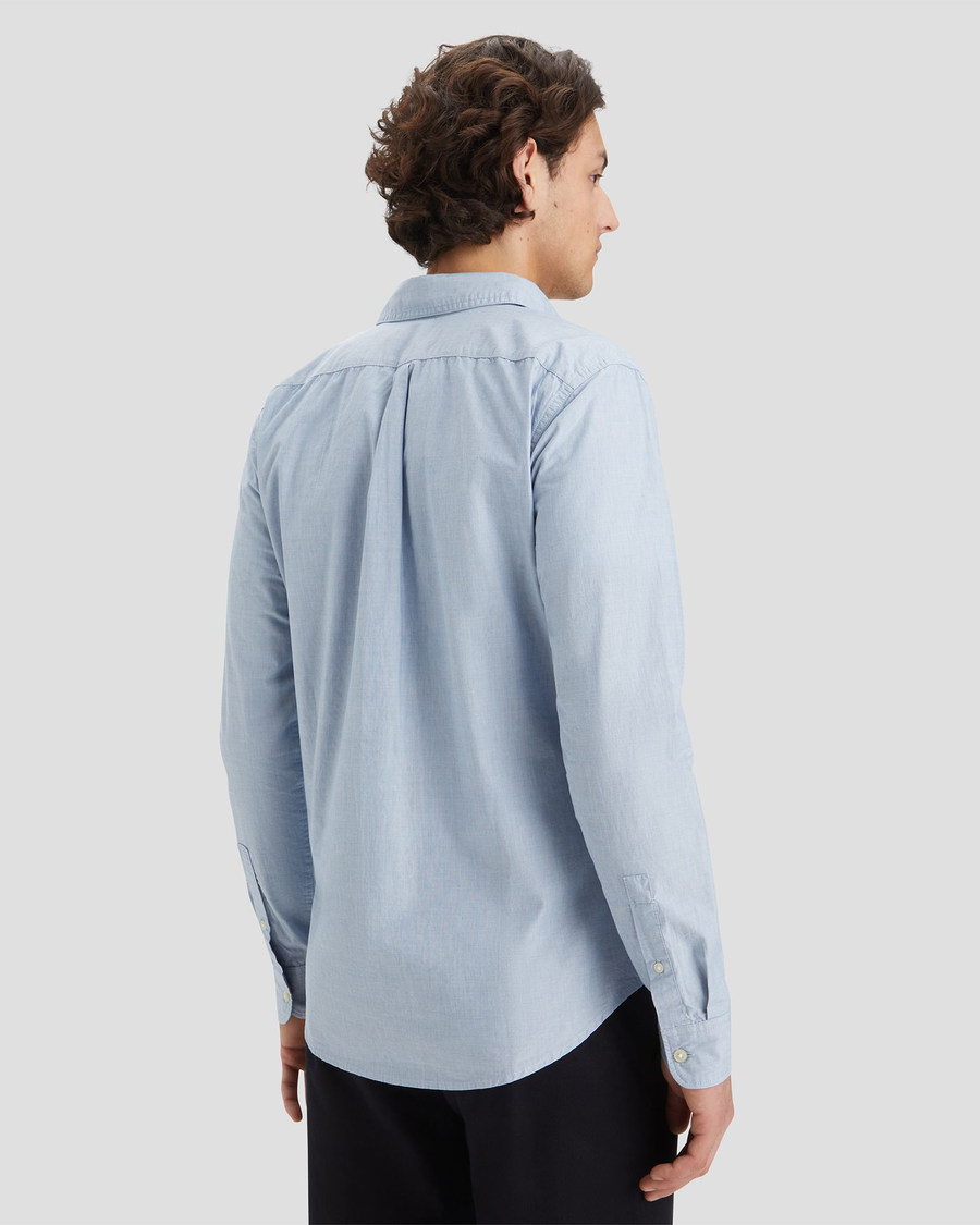 Back view of model wearing End On End Delft Men's Slim Fit Icon Button Up Shirt.