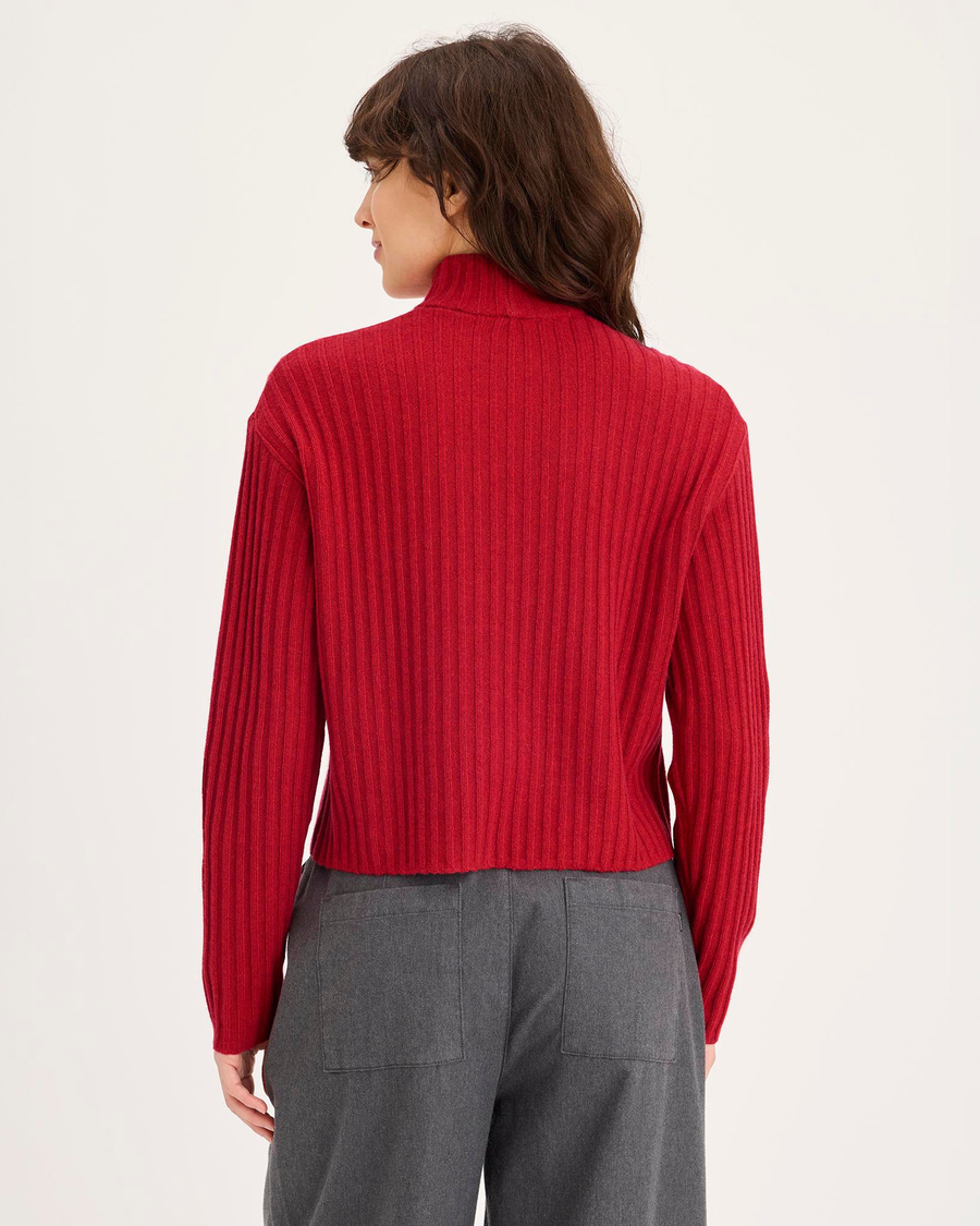 Back view of model wearing Fire Whirl Mockneck Sweater, Relaxed Fit.
