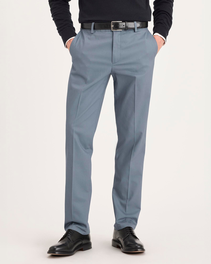 Front view of model wearing Folkstone Gray Signature Iron Free Khakis, Slim Fit with Stain Defender®.