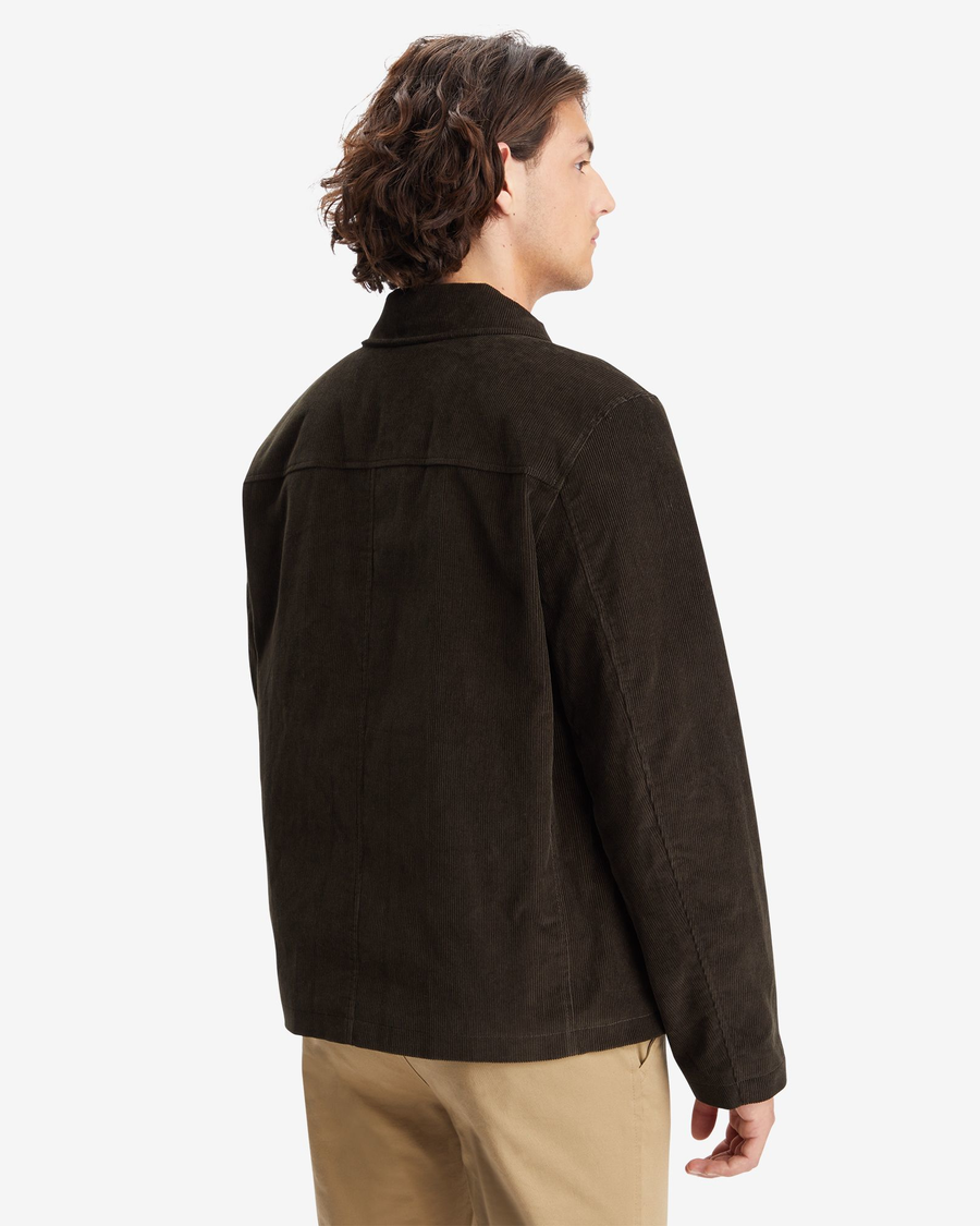 Back view of model wearing Forest Night Men's Collar Jacket.