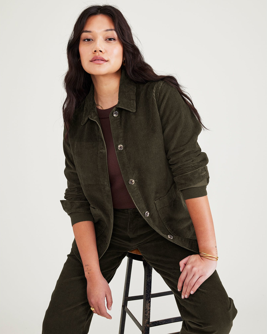 View of model wearing Forest Night Women's Regular Fit Chore Jacket.