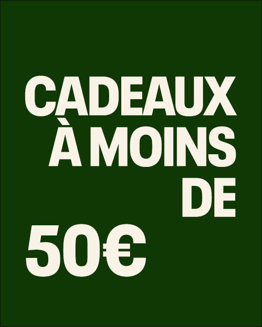 Green background with white text ' GIFTS UNDER 50€' on a green background
