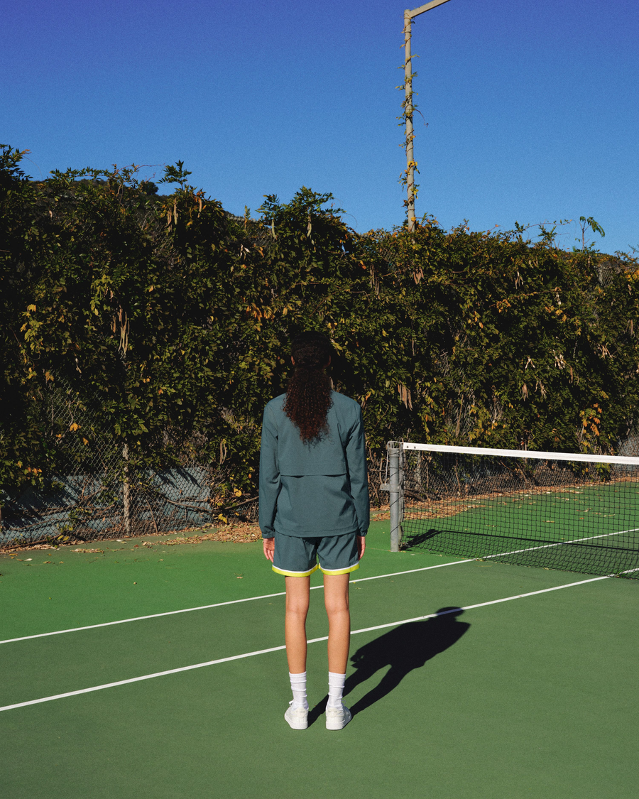 View of model wearing Green Heron Racquet Club Anorak, Regular Fit.