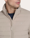 View of model wearing Grit Men's Packable Jacket.