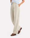 View of model wearing Grit Signature Iron Free Khakis, High Wide with Stain Defender®.