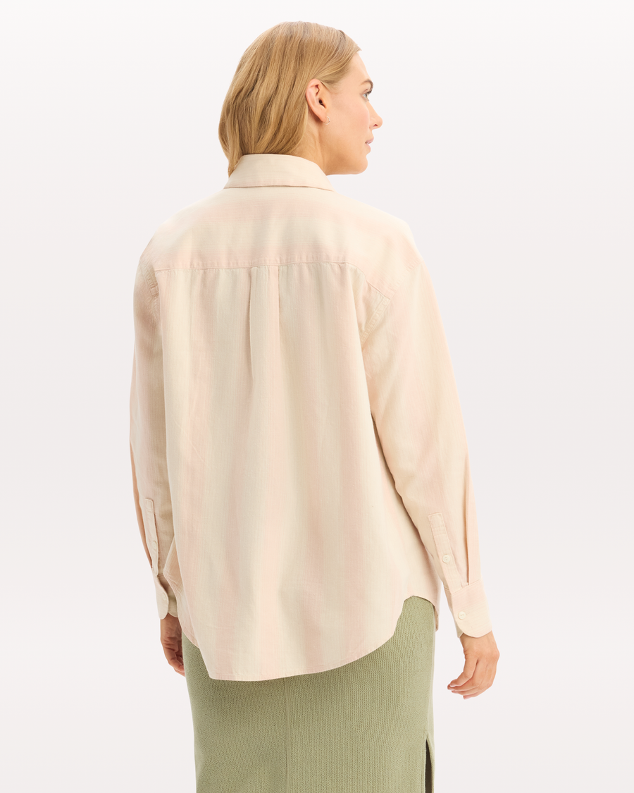 View of model wearing Hansen Peach Blush Relaxed Shirt.