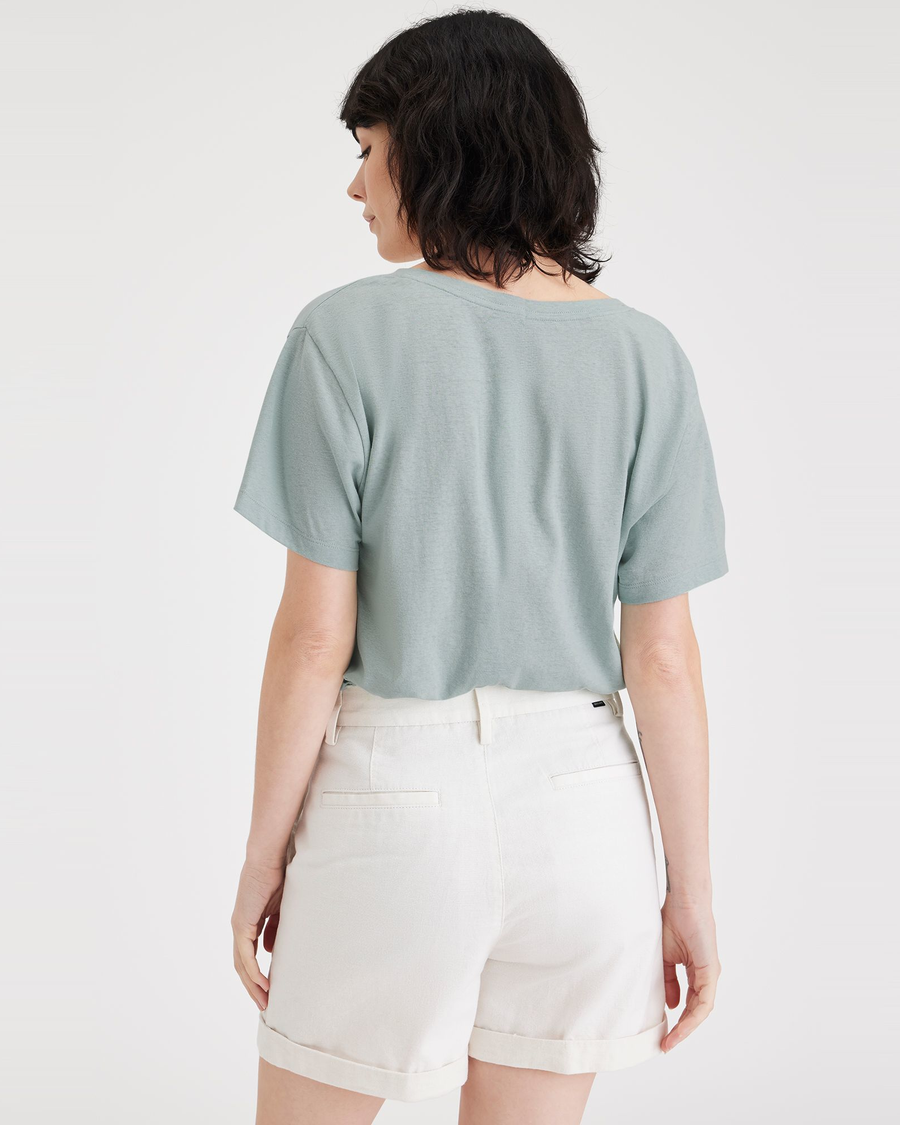 Back view of model wearing Harbor Gray Women's Deep V-Neck Tee Shirt.