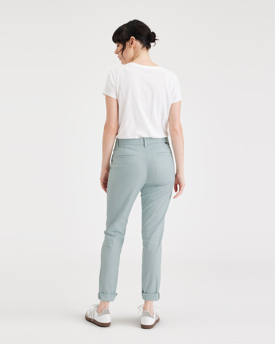 Back view of model wearing Harbor Gray Women's Slim Fit Weekend Chino Pants.