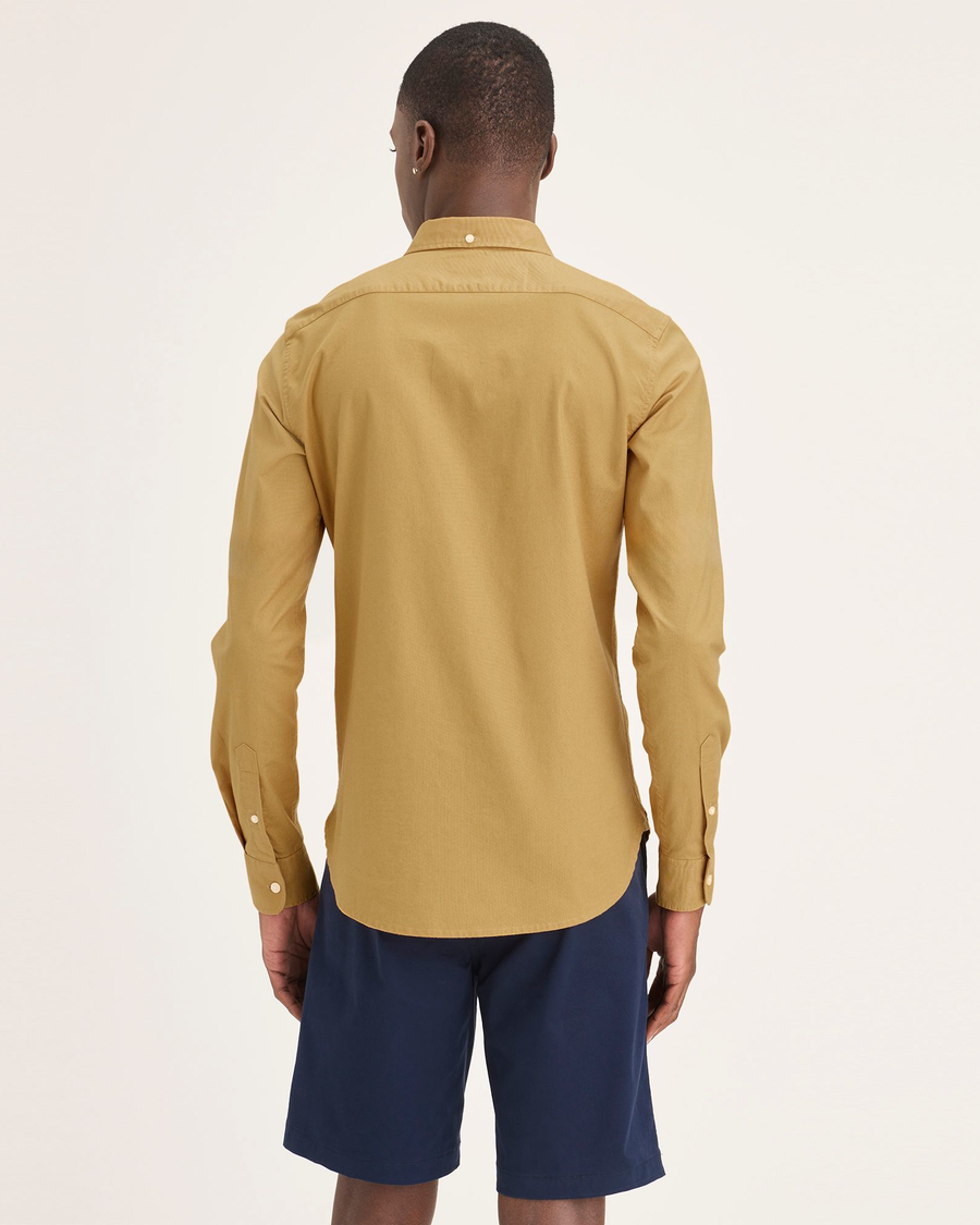 Back view of model wearing Honey Mustard Solid Men's Slim Fit 2 Button Collar Shirt.