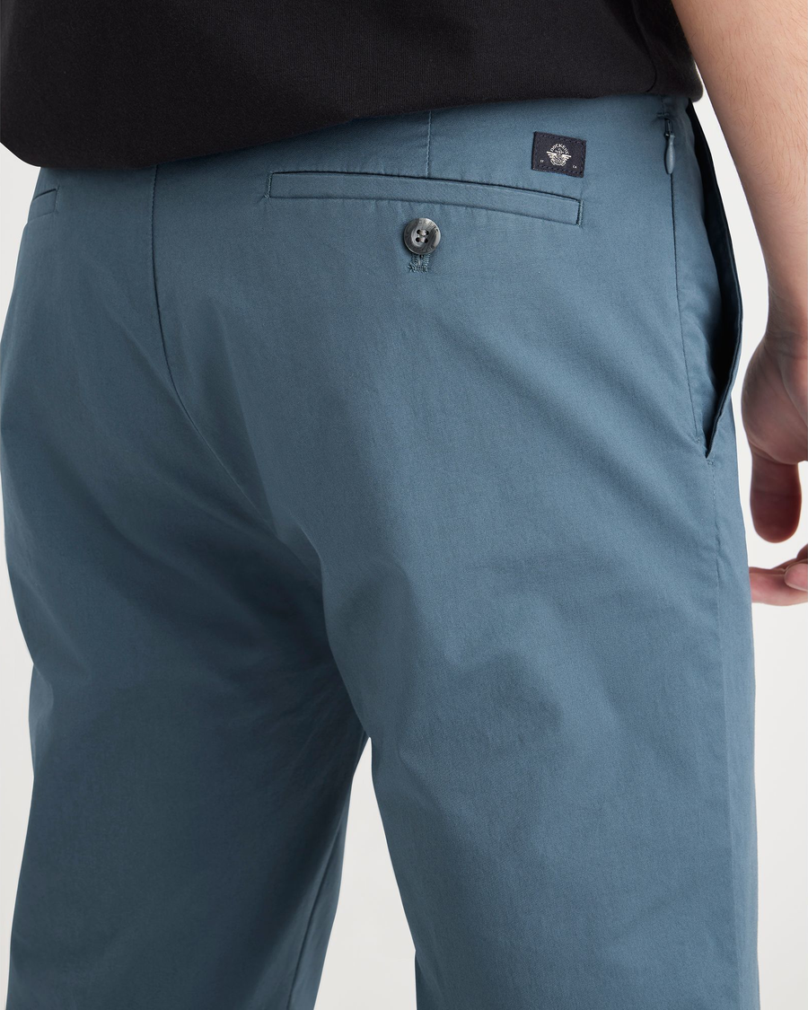 View of model wearing Indian Teal Crafted Khaki Pants, Slim Fit.