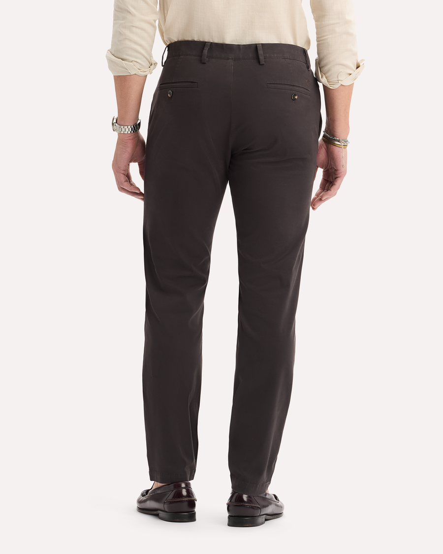 View of model wearing Licorice Crafted Khaki Pants, Slim Tapered Fit.