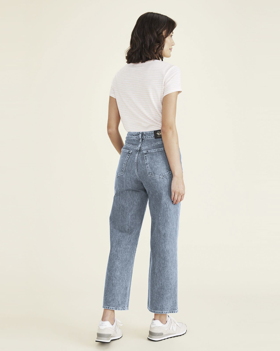 Back view of model wearing Light Indigo Worn In Women's Straight Fit High Jean Cut Pants.