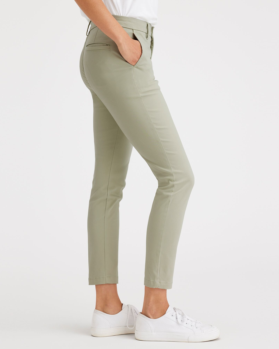 Side view of model wearing Lint Women's Skinny Fit Chino Pants.